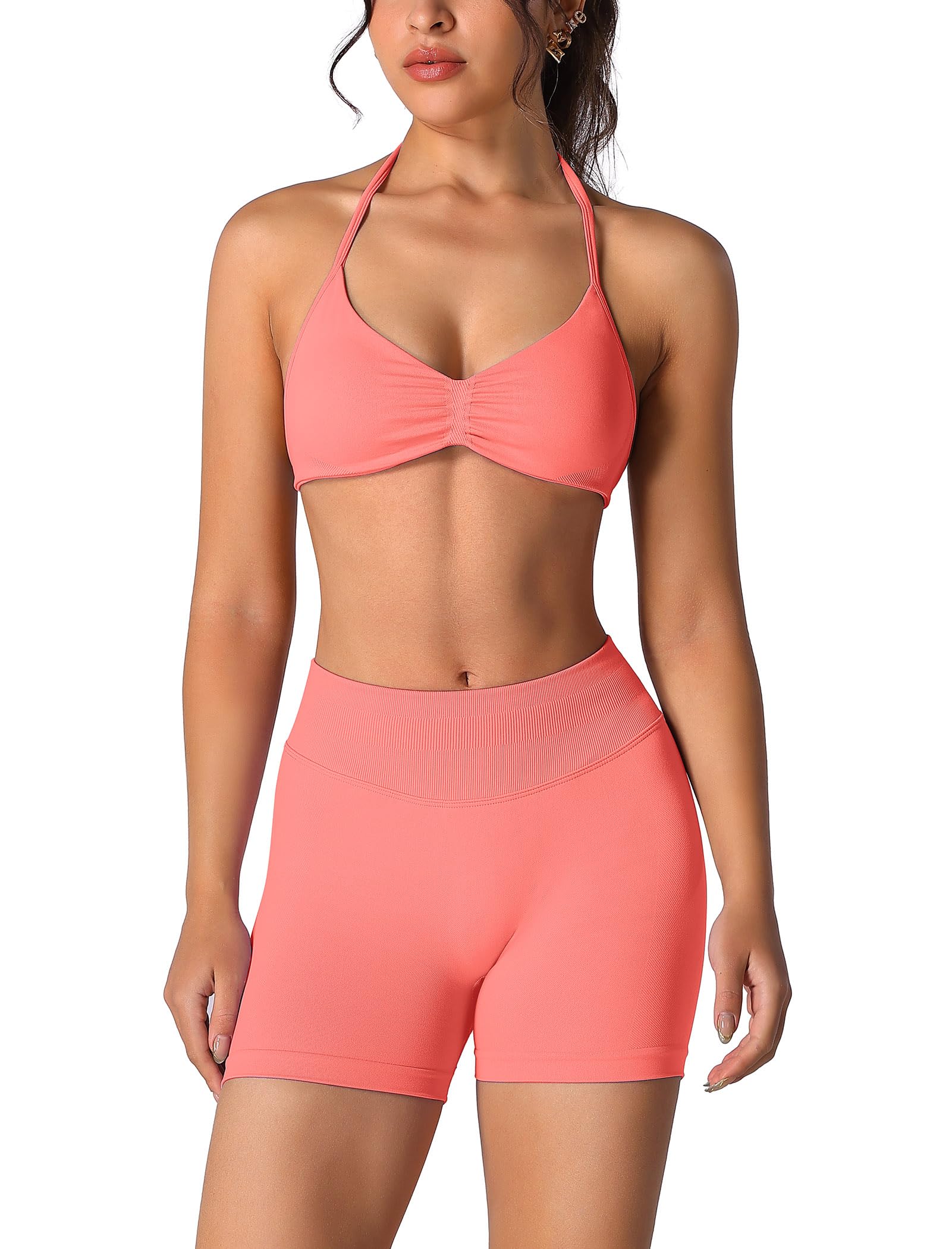 Conjunto de entrenamiento sin costuras para mujer, 2 piezas, top deportivo con tirantes, pantalones push up