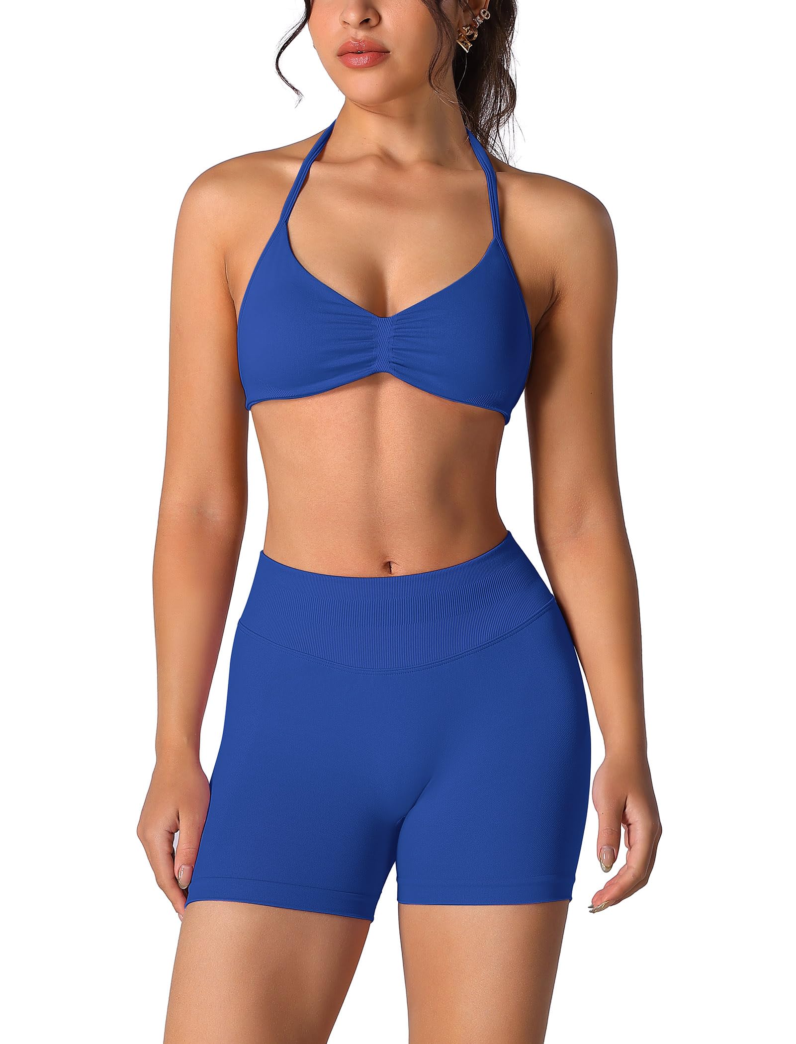 Conjunto de entrenamiento sin costuras para mujer, 2 piezas, top deportivo con tirantes, pantalones push up