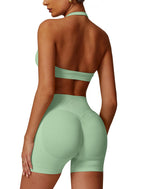 Conjunto de entrenamiento sin costuras para mujer, 2 piezas, top deportivo con tirantes, pantalones push up