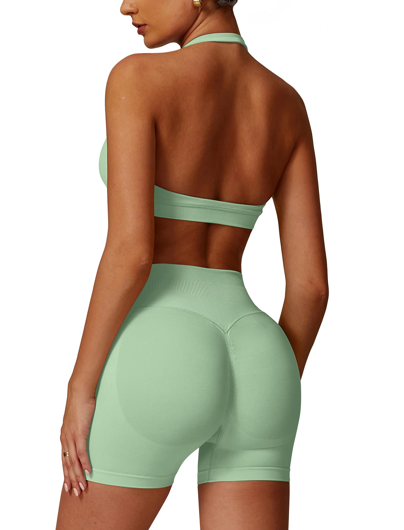 Conjunto de entrenamiento sin costuras para mujer, 2 piezas, top deportivo con tirantes, pantalones push up