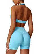 Conjunto de entrenamiento sin costuras para mujer, 2 piezas, top deportivo con tirantes, pantalones push up