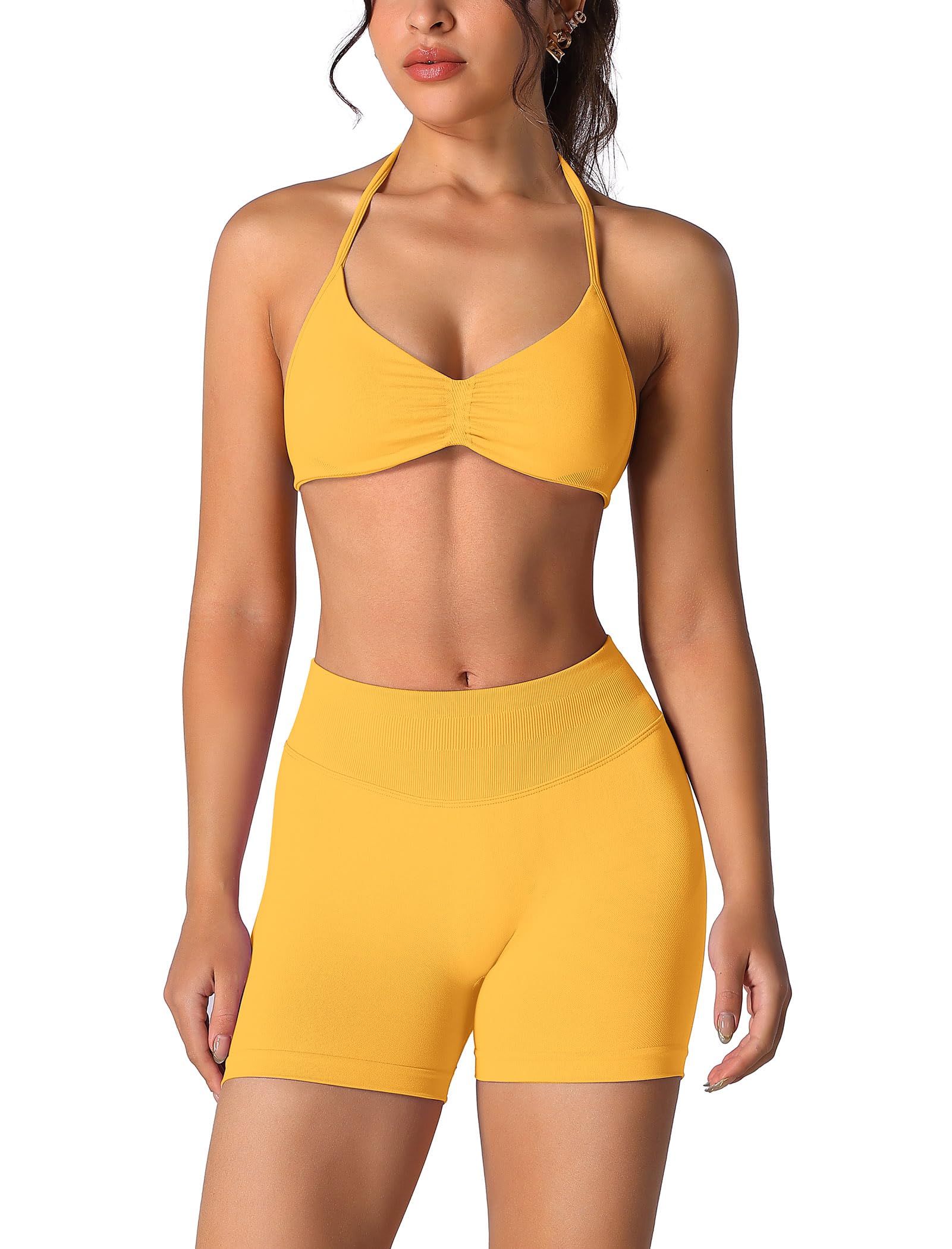 Conjunto de entrenamiento sin costuras para mujer, 2 piezas, top deportivo con tirantes, pantalones push up