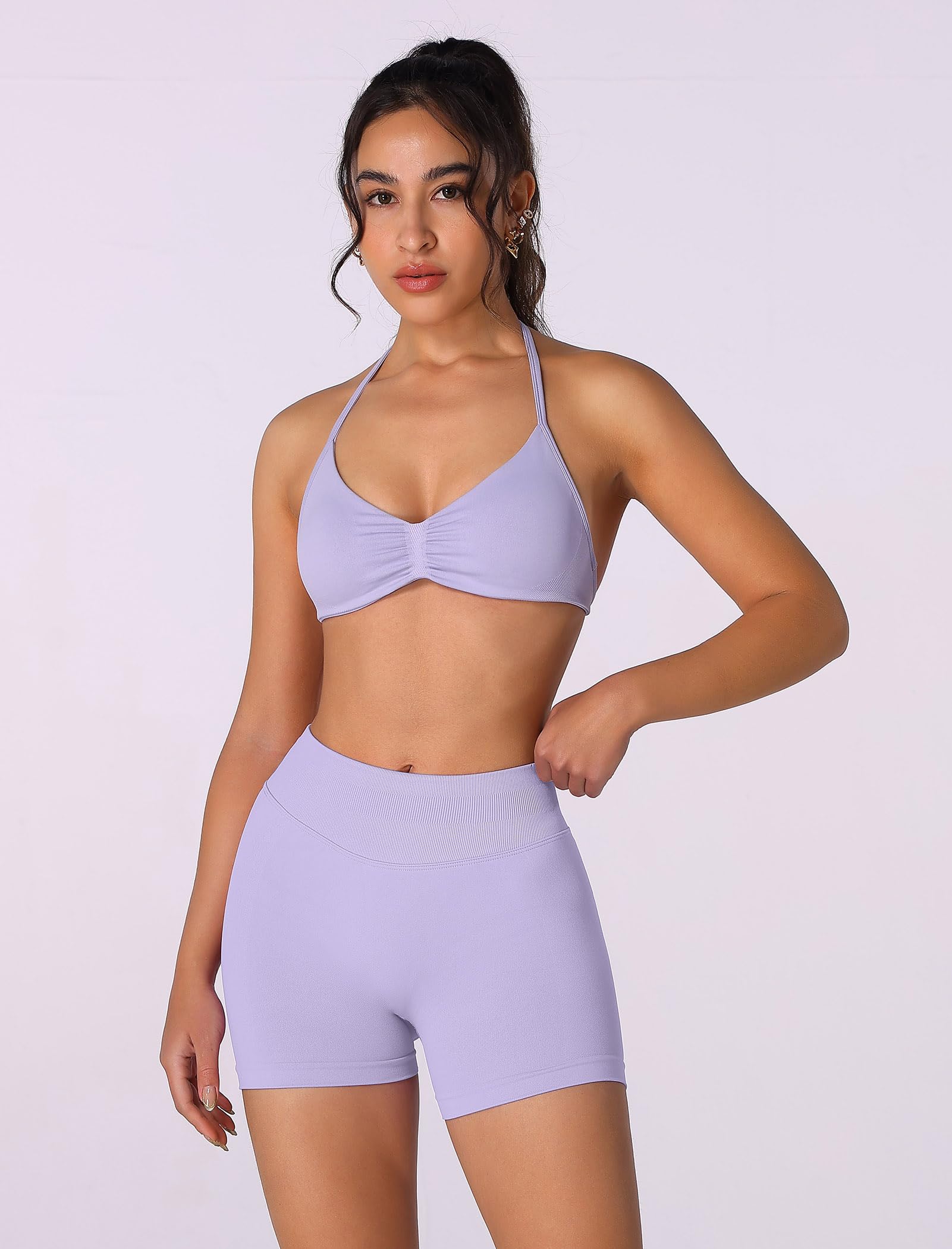 Conjunto de entrenamiento sin costuras para mujer, 2 piezas, top deportivo con tirantes, pantalones push up
