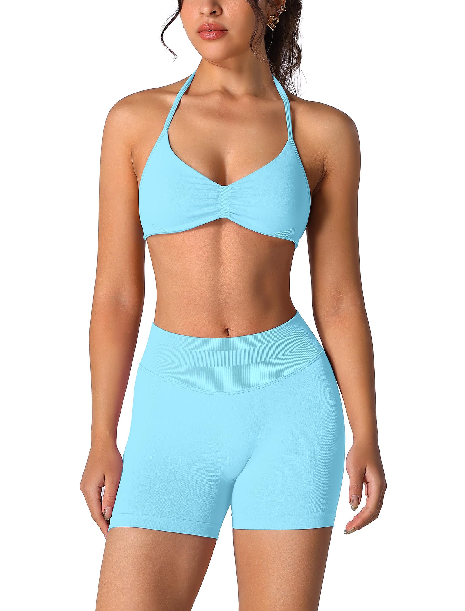 Conjunto de entrenamiento sin costuras para mujer, 2 piezas, top deportivo con tirantes, pantalones push up
