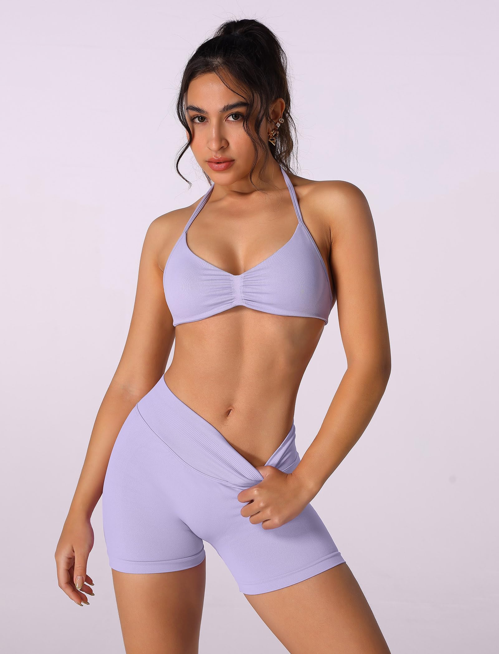 Conjunto de entrenamiento sin costuras para mujer, 2 piezas, top deportivo con tirantes, pantalones push up