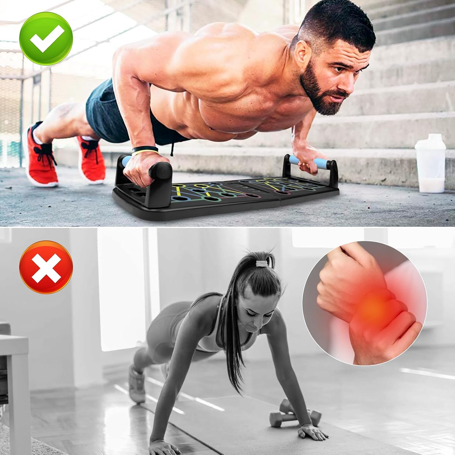 Tabla de Flexiones Multifuncional con Soporte Antideslizante y 2 Cuerdas de Tracción, Portátil para Fitness Muscular