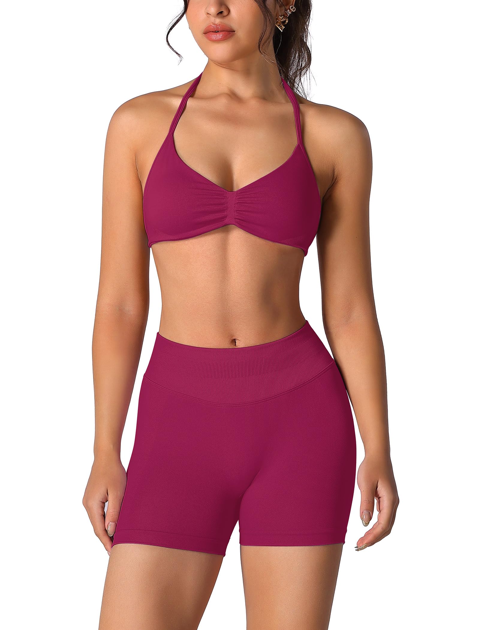 Conjunto de entrenamiento sin costuras para mujer, 2 piezas, top deportivo con tirantes, pantalones push up