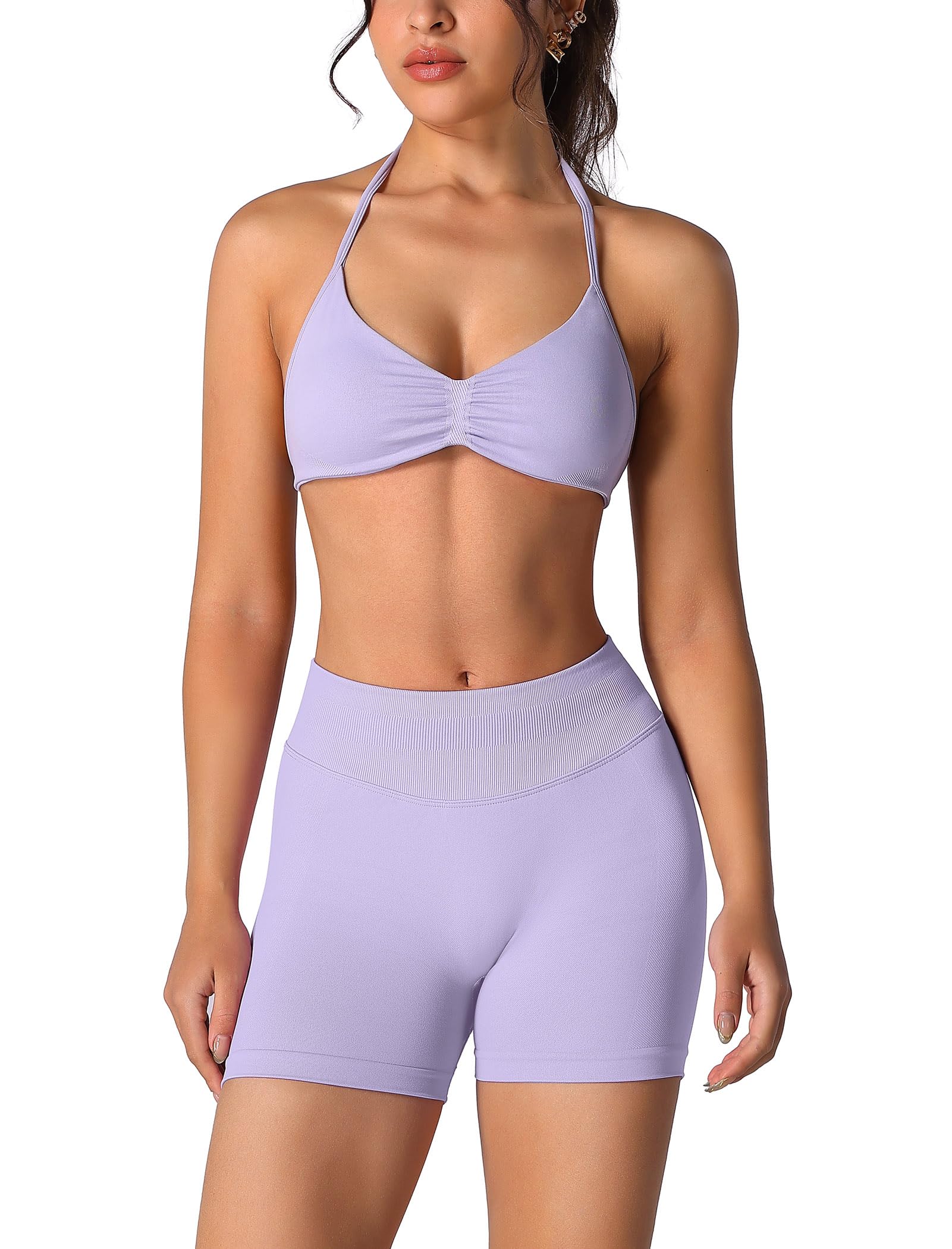 Conjunto de entrenamiento sin costuras para mujer, 2 piezas, top deportivo con tirantes, pantalones push up