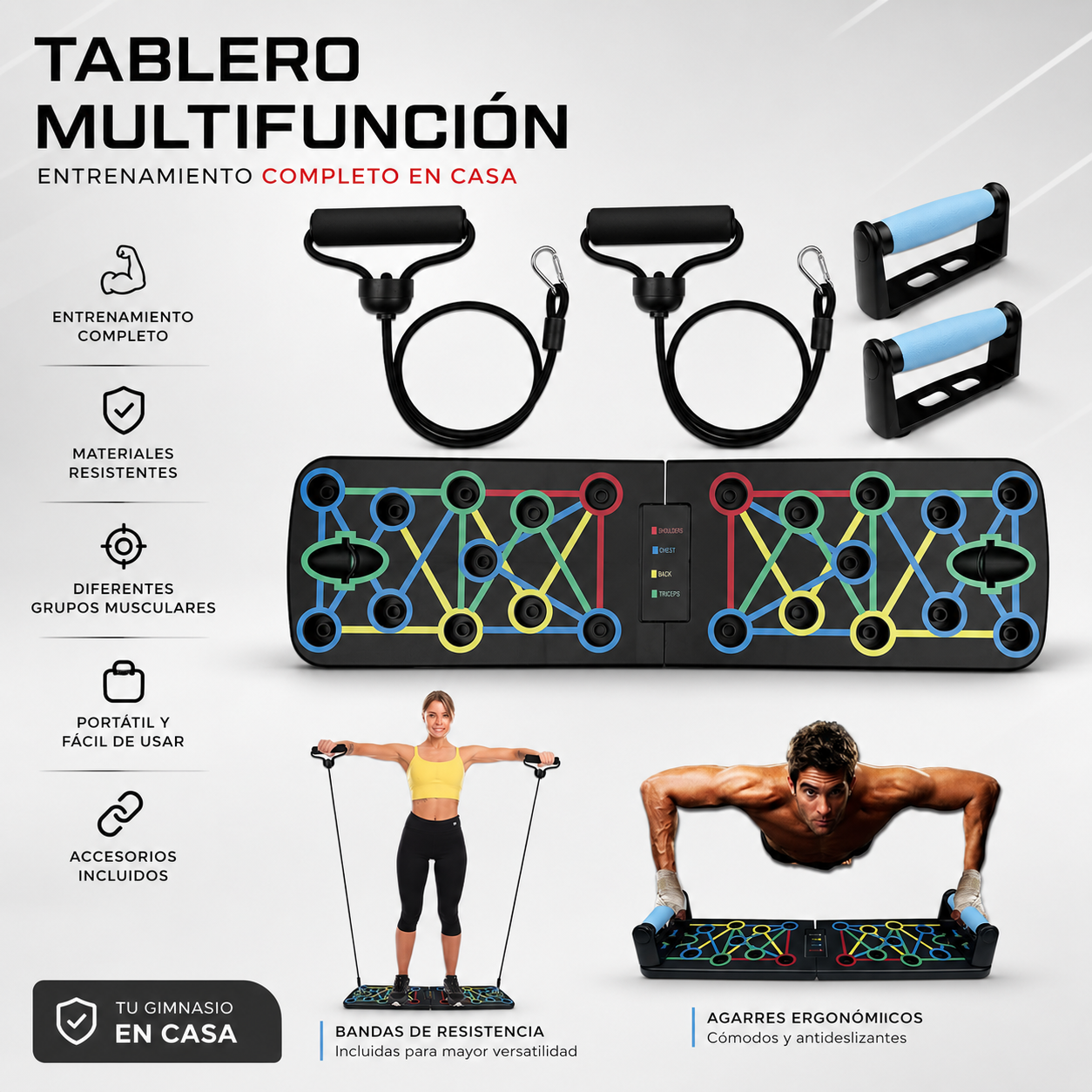 Tabla de Flexiones Multifuncional con Soporte Antideslizante y 2 Cuerdas de Tracción, Portátil para Fitness Muscular